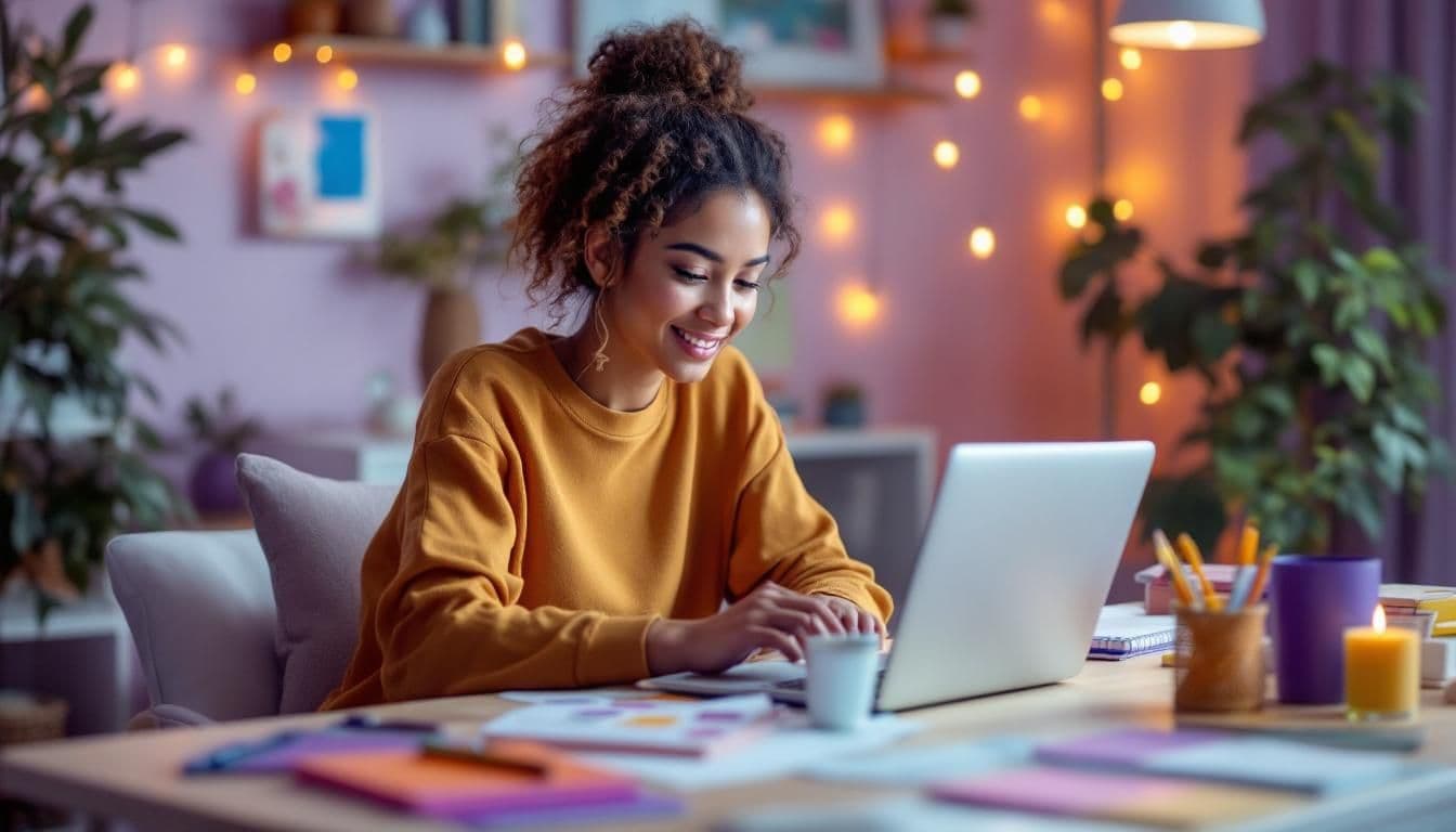 Kobieta pracuje przy laptopie w przytulnym, kolorowym wnętrzu z dekoracyjnym oświetleniem i roślinami.