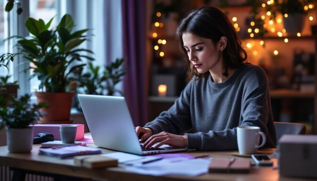 Młoda kobieta pracuje na laptopie w przytulnym, domowym biurze z roślinami i nastrojowymi światłami w tle, symbolizującymi efektywną pracę zdalną i automatyzację