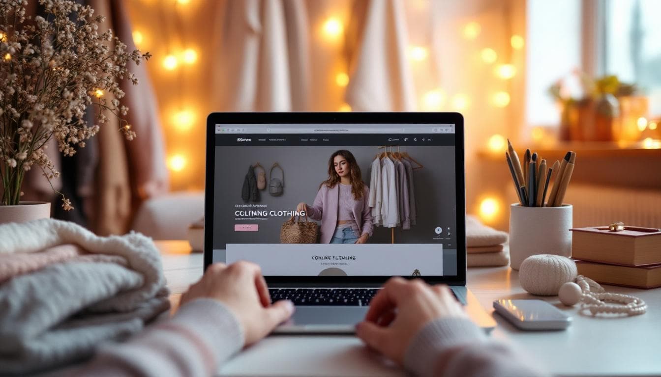 Close-up of a person's hands on a laptop keyboard, Browse an online clothing store. The screen displays a woman modeling a sweater