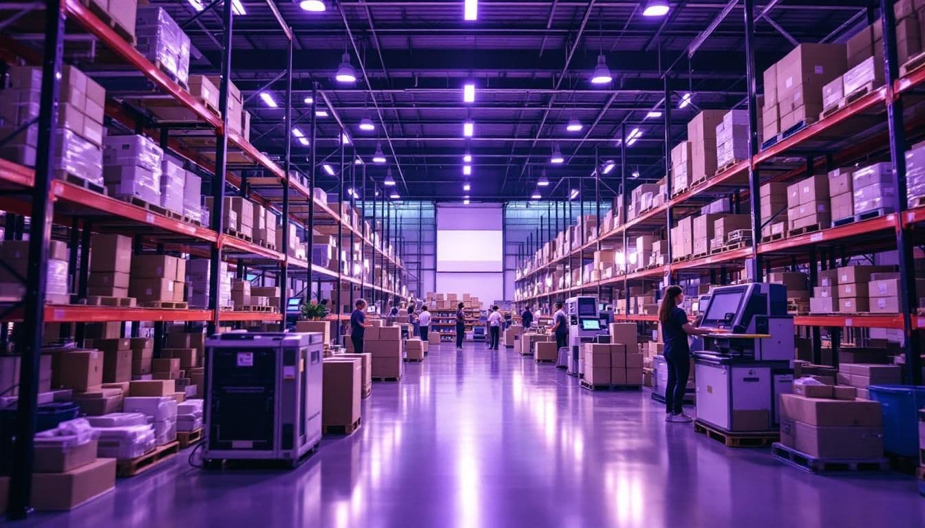 Magazyn e-commerce z pracownikami i półkami pełnymi paczek, oświetlony fioletowym światłem. (Bardziej opisowy, uwzględnia kolorystykę)