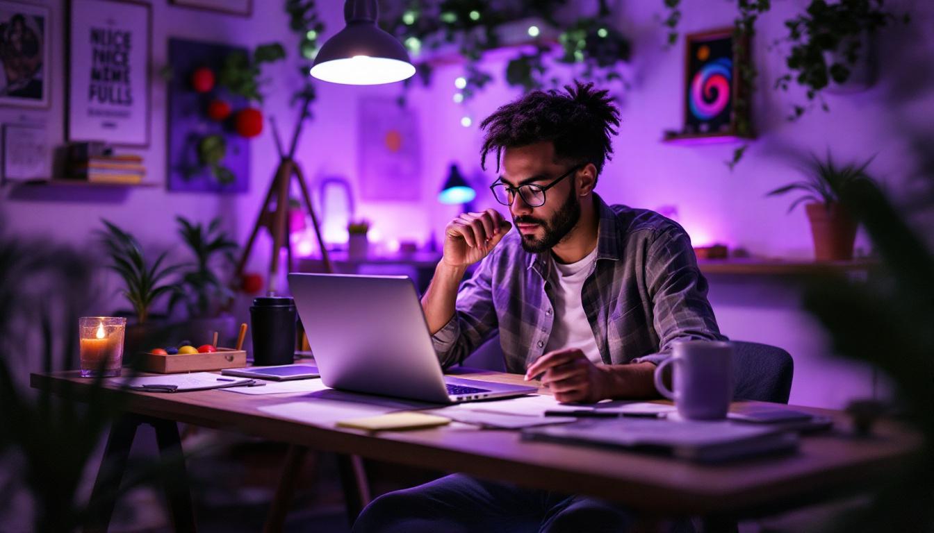 Osoba pracująca nad laptopem, otoczona ikonami danych i wykresów, symbolizującymi analizę rynku.